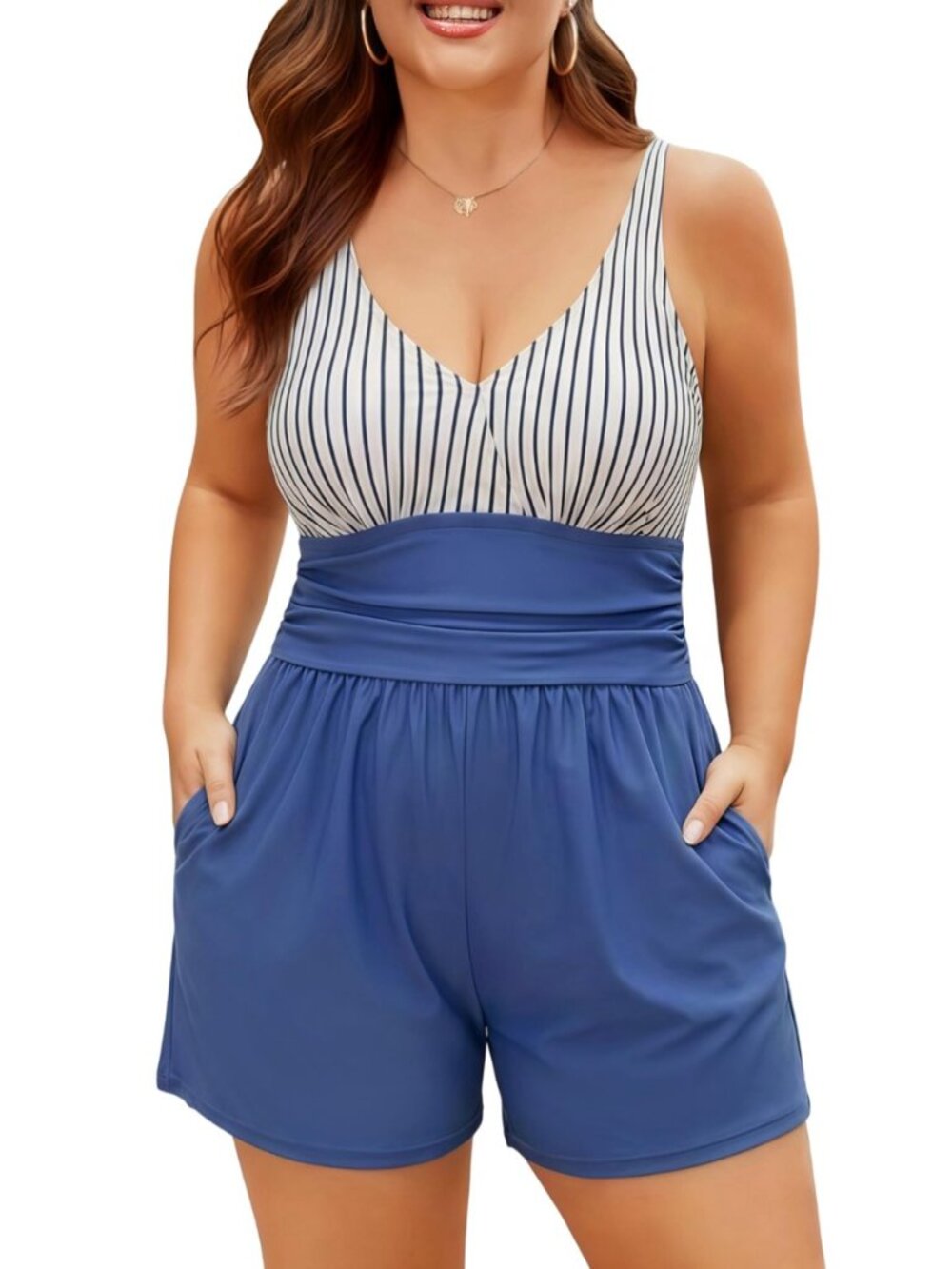 Plus Size Swim Romper Women One Piece Swimsuit with Shorts Pockets